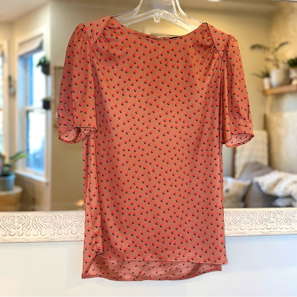 Ann Taylor Puff Shoulder Short Sleeve Pink Polka Dot Blouse Small